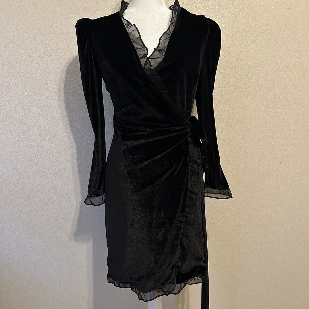 Rachel Parcell Black Velvet Wrap Dress XS Puff Sleeve Sheer Ruffle Holiday/Party